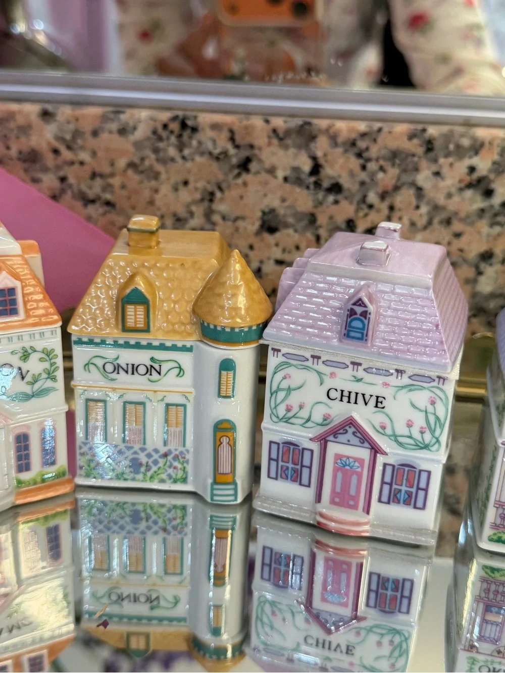 Set of 7 Decorative Ceramic Herb Canisters - Pastel Village Style